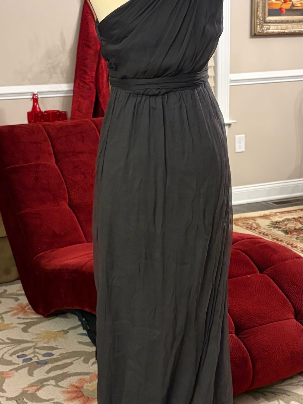 Elegant One-Shoulder Black Silk Maxi Dress